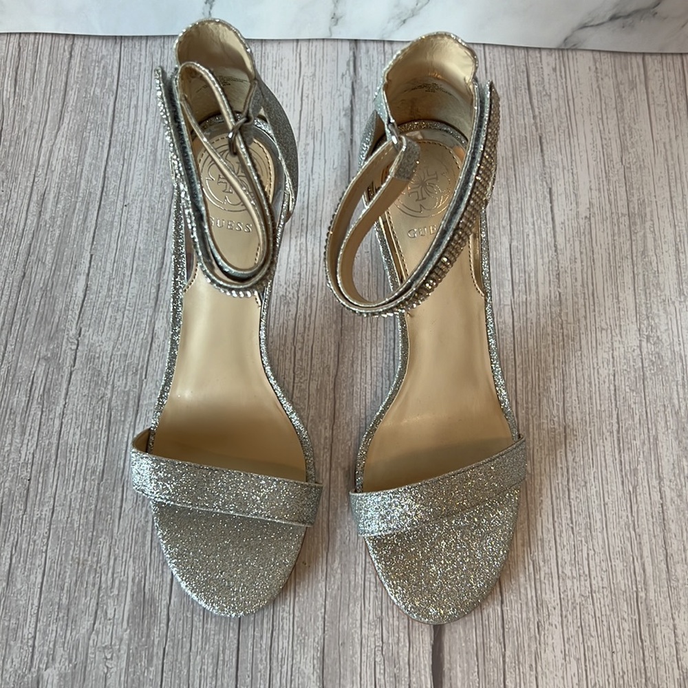 Guess Silver Jewel Ankle Straps Open Toe Heels (8) - Picture 7 of 9